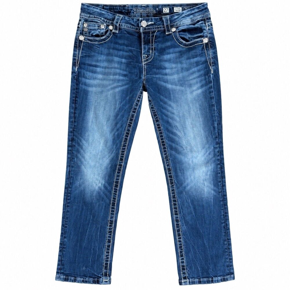 Miss Me Jeans Women’s 27 Easy Crop Blue Embellished Sequin Stretch Denim